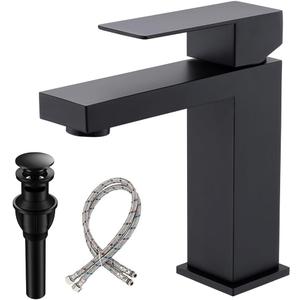 Matte Black Bathroom Faucet, Modern Single Handle Square Bathroom Sink Faucet with Pop Up Drain Assembly, Stainless Steel Vanity Bathroom Faucets, Single Hole Deck Mount,BF011B