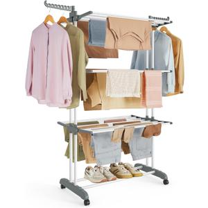 SONGMICS Clothes Drying Rack Stand 4-Tier, Foldable Laundry Drying Rack 68.1-Inch Tall, Steel, Rolling Clothes Horses Dryer Rack, Easy to Assemble, Indoor Outdoor Use, White ULLR701W01