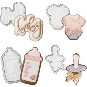 Baby Shower Cookie Cutter 4 Pack 3D Stampers Molds DIY Fondant Decorating for Kids' Birthday Party Kitchen Tools, Baby Letter, Baby Bottle, Onesie, Pacifier (3 Inch, 4 Piece-1)