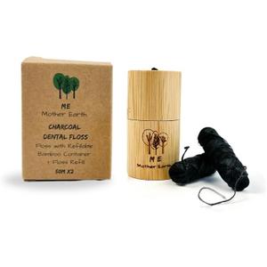 Vegan Biodegradable Bamboo Charcoal Dental Floss with Refillable Bamboo Container | Free Refill | Natural Candelilla Wax | 55yds x2 | Peppermint Essential Oil | Eco Friendly | Zero Waste Oral Care