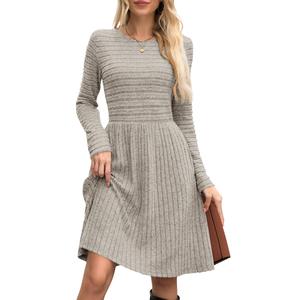WNEEDU Fall Dresses for Women 2025 Long Sleeve Sweater Dress with Pockets - Casual Knit Crew Neck Winter Outfits(Khaki,2XL) (XXL)