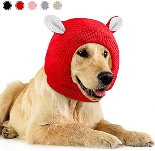 Frienda Dog Ear Muffs Noise Protection, Neck 14.96 Inch Fits Medium Dogs, Knitted Calming Hood for Dogs, Fireworks Thunder Anxiety Relief, Fleece Inner Warm Beanie Hat(Red)
