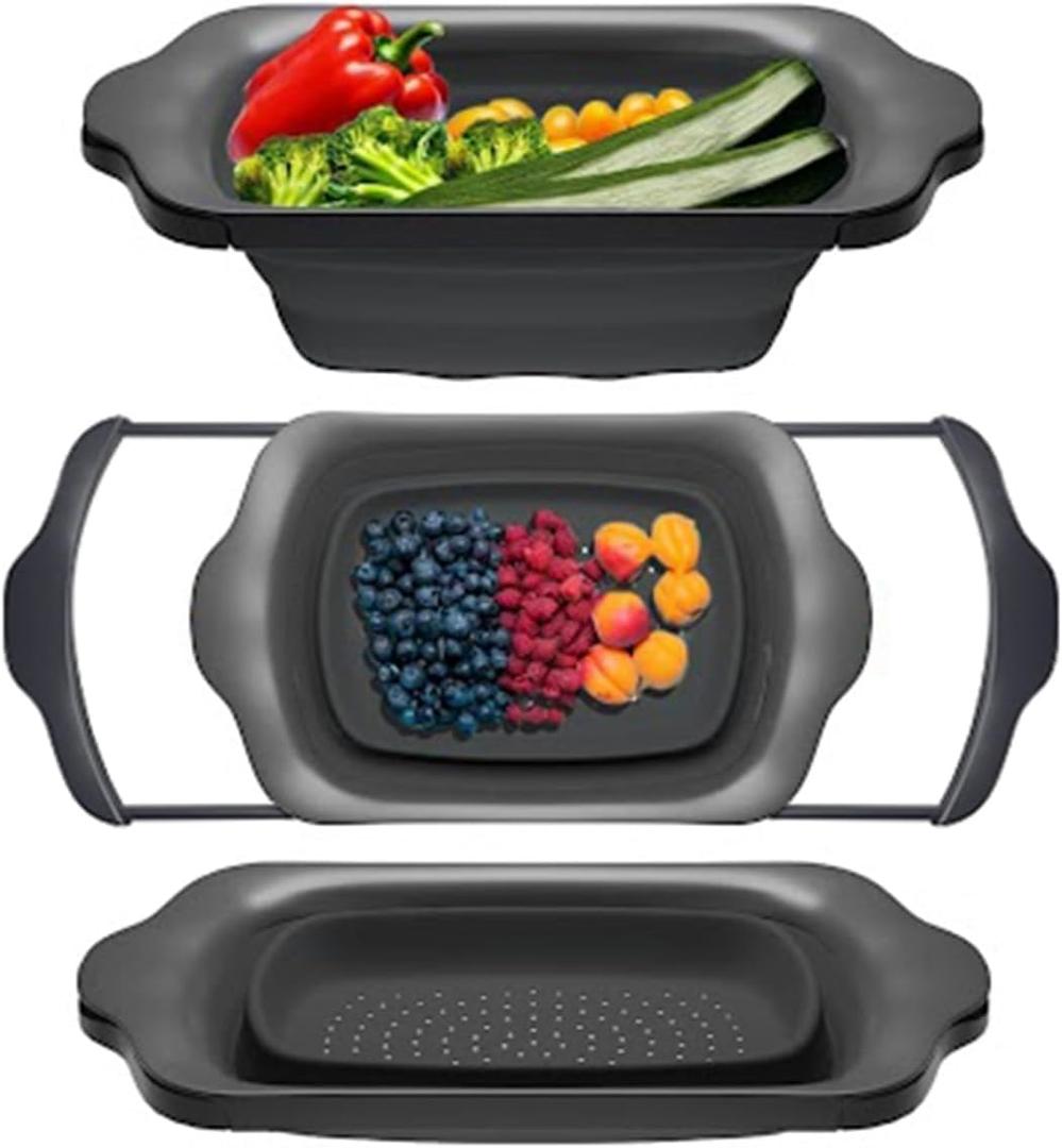 Comfify Over-the-Sink Colander with Handles  Sleek Plastic Black Kitchen Strainer for Pasta, Vegetables & Fruits  Space-Saving Design  17.1 x 10.2 x 1.75 Inches