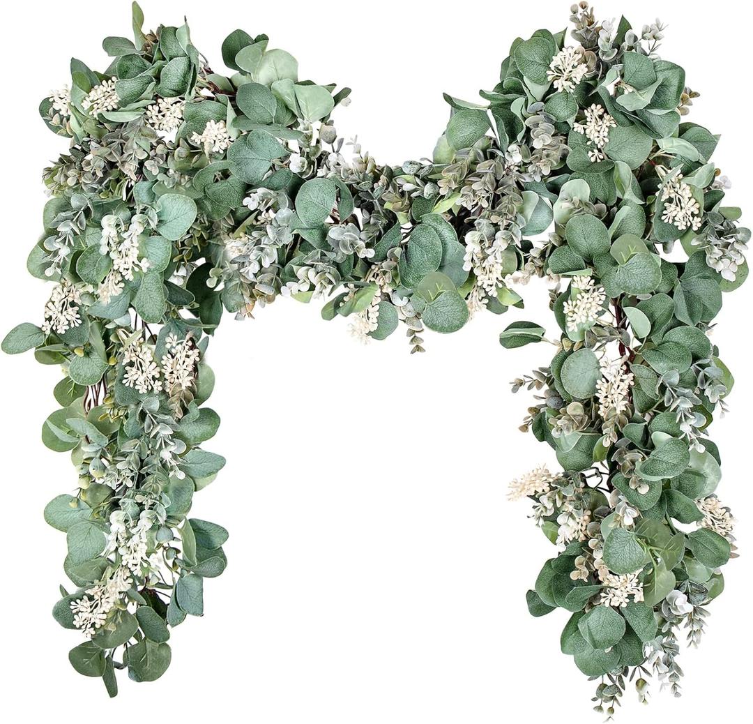 Ouddy Decor Eucalyptus Garland 6.56 Ft Lush Silver Dollar Leaves Boxwood with White Buds Artificial Faux Greenery Vines for Baby Shower Wedding Party Table Runner Room Home Mantle Decor (1 Pack)