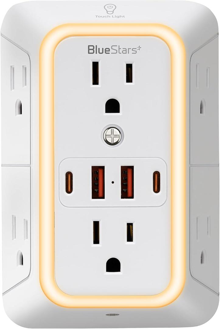 Wall Mount Power Strips Wall Charger 6 Outlet Extender 4 USB Ports (5V, 2.4A, 12W) and Night Light 3-Sided Power Strip with Adapter Spaced Outlets - Multi Plug Outlet Surge Protector for Home Office