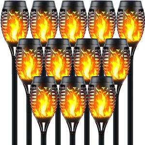 12-Pack Solar Torch Lights with Flickering Flame - 12LED Mini Fire Effect Solar-Powered Tiki Torches, Waterproof Outdoor Lighting with Auto On/Off, Perfect for Garden, Patio & Pathway Decor