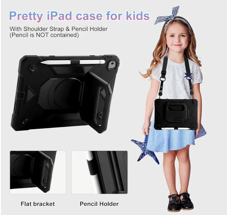 iPad 9th/ 8th/ 7th Generation Case (iPad 10.2 inch Shockproof Case) with 360 Rotating Grip Magic Stand, Pencil Holder/Keychain/Carrying Shoulder Strap for iPad 10.2 inch