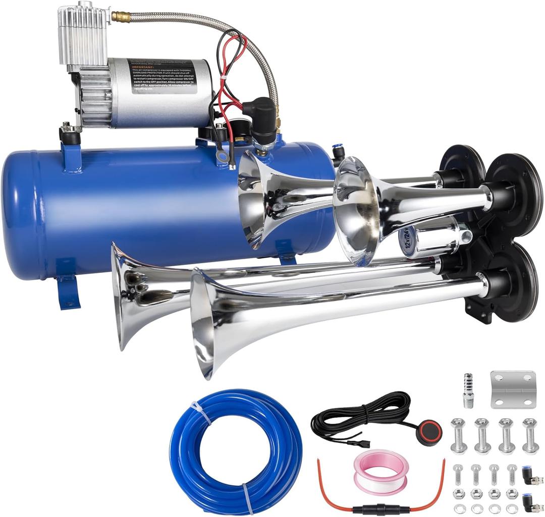 180db Train horn kit with 150 PSI Air Tank,Four Trumpet Air horns For Truck, Jeep,Pickup,SUV with 1.6 gallon Air Compressor Can(Silver truck horn kit)