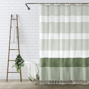 Awellife Sage Green Shower Curtain for Bathroom Stripe Tassel Shower Curtain 60 X 72 Inches Farmhouse Linen Stall (60"W x 72"L, Sage Green)