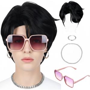 4 Pcs Halloween K-pop Theme Cosplay Costume Accessories K-pop Necklace Wigs Glasses Earrings Costume Wig for Halloween Party Accessories