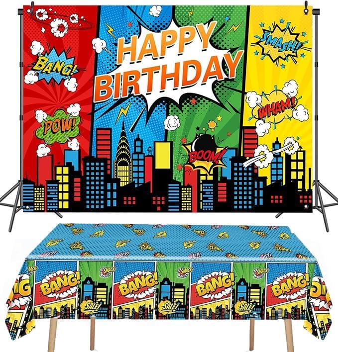 Superhero Party Backdrop 5.9x3.6ft and Super Hero Birthday Plastic Tablecloth 71x42.5 Inches Kids Boy Hero City Birthday Party Table Cover Cloth Banner Background Decoration Supplie