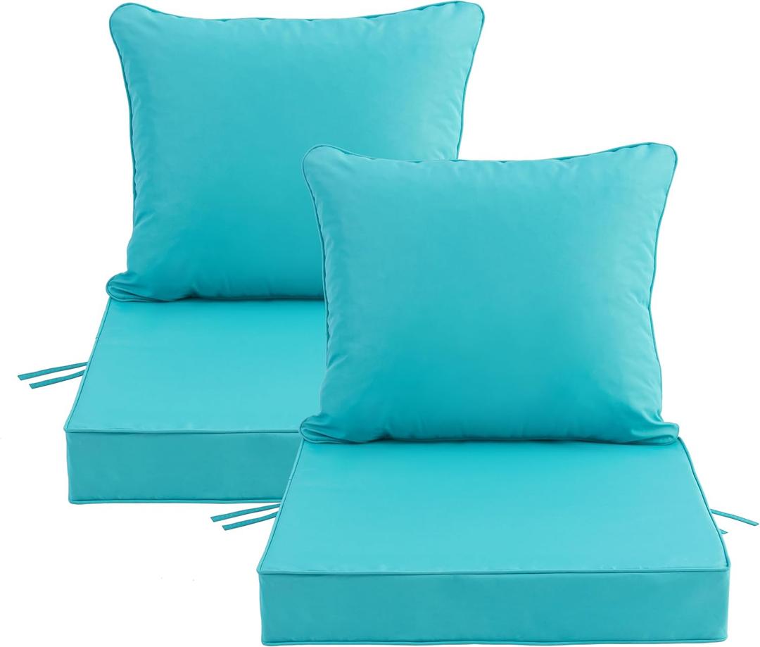 24x24 Inch Outdoor Chair Cushions Set of 2, Patio Furniture Cushions - Removable Cover, Water-Repellent, Fade-Resistant, Non-Slip Bottom & Straps, Replacement for Deep Seat Sofa & Couch - Teal, 2 Pack | 24''x24''