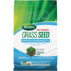 Scotts Turf Builder Grass Seed Kentucky Bluegrass Mix - Grass Seed Plus Lawn Fertilizer and Soil Improver, Grows Dense, Green Turf, Covers Up to 1,600 sq. ft., 2.4 lb.