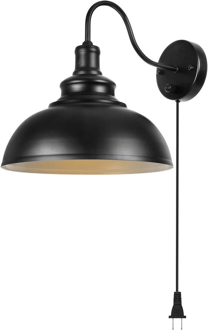 Gooseneck Wall Lamp Black Industrial Vintage Farmhouse Wall Sconces Lighting Wall Light Fixture with Plug in Cord and On Off Switch for Bedroom Nightstand (Big Size 11.42 Inch 1 Pcs)