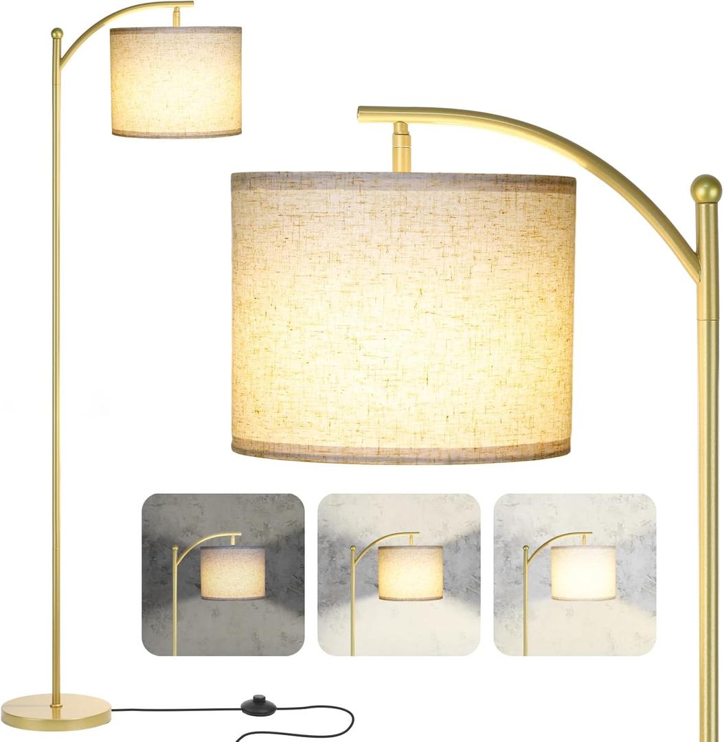 Floor Lamp for Living Room, Dimmable Standing Lamp Tall with Linen Shade Modern Floor Lamps Foot-Step Switch Reading Lamp for Living Room Bedroom Office Dining Room, 9W Bulb Included (Gold)