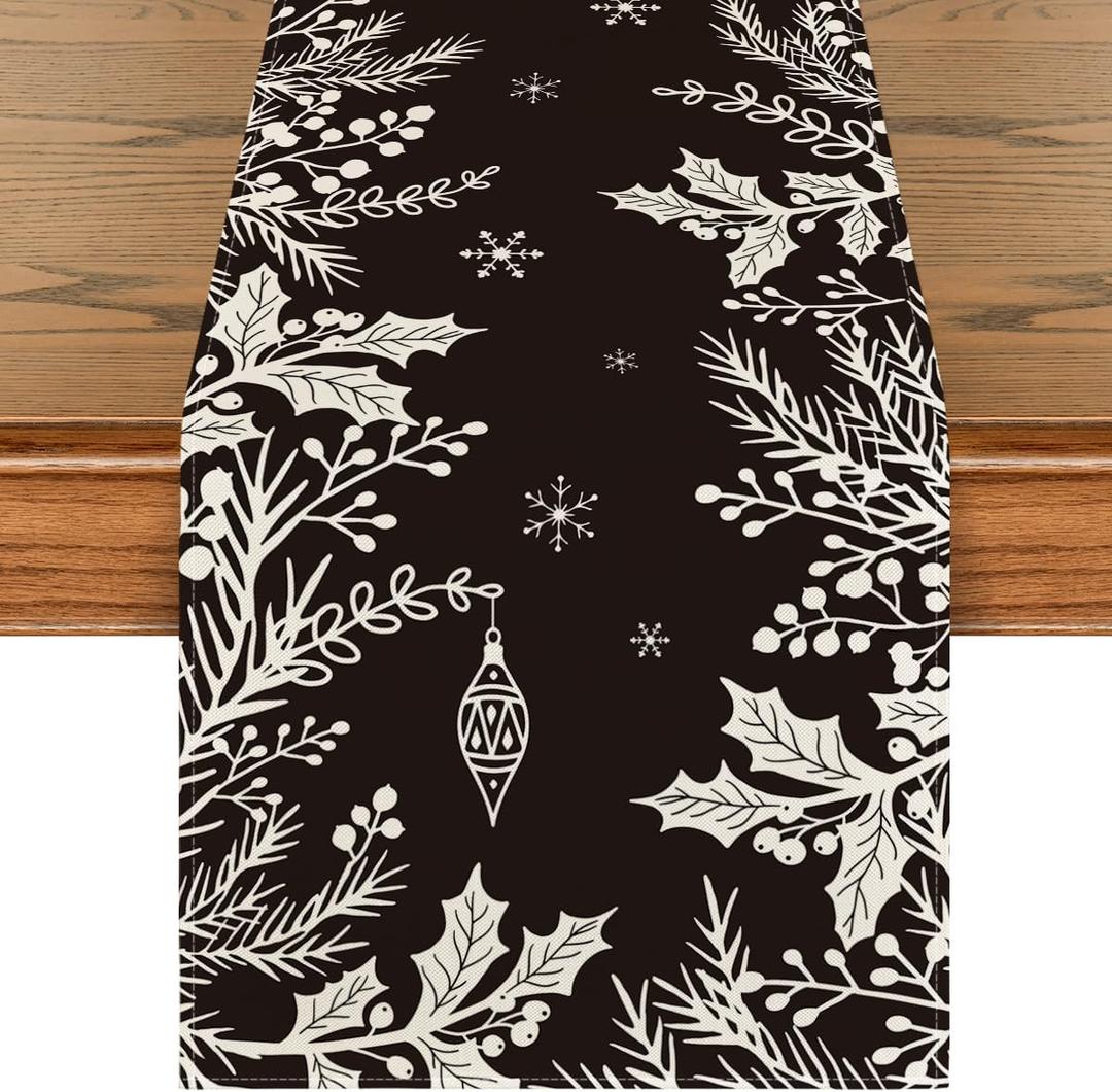Artoid Mode Black Holly Pine Branches Leaves Christmas Table Runner, Seasonal Winter Kitchen Dining Table Decoration for Home Party Decor 13x72 Inch