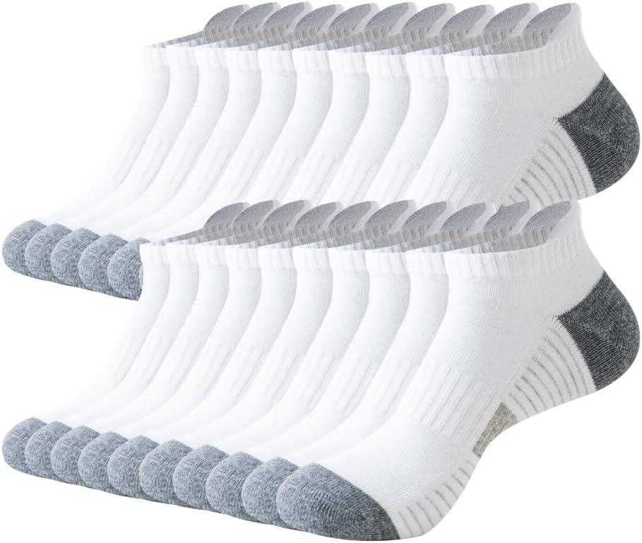 JOYNÉE 7 Pairs Mens Athletic Running Ankle Socks Cushioned Breathable Low Cut Sports Tab Socks for Men, White, Sock Size 10-13