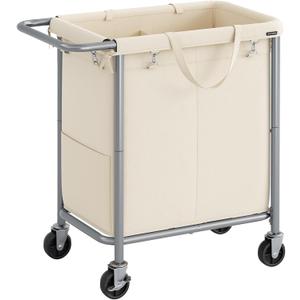 SONGMICS Laundry Basket with Wheels, 2-Section Rolling Laundry Hamper, 37 Gallons (140 L), Removable Liner, Steel Frame with Handle, 27.2 x 15.4 x 31.9 Inches, Cream White URLS004W01