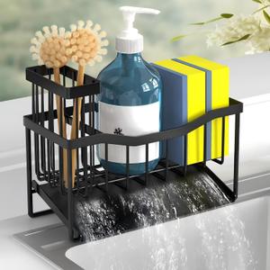 Maifan Sink Caddy Sponge Holder for Kitchen with Brush Holder and Stainless Steel Self Drain Tray, Rustproof Kitchen Sink Organizer for Sponge, Soap Dispenser Storage Accessories (Black)