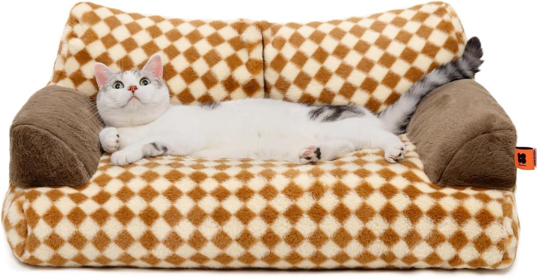 MEWOOFUN Cat Bed for Indoor Cats, Washable Dog Beds for Small Medium Dogs & Cats, Fluffy Cat Couch with Non-Slip Bottom, 261913 Inch (Brown, 26.0" L x 19.0" W x 13.0" Th)