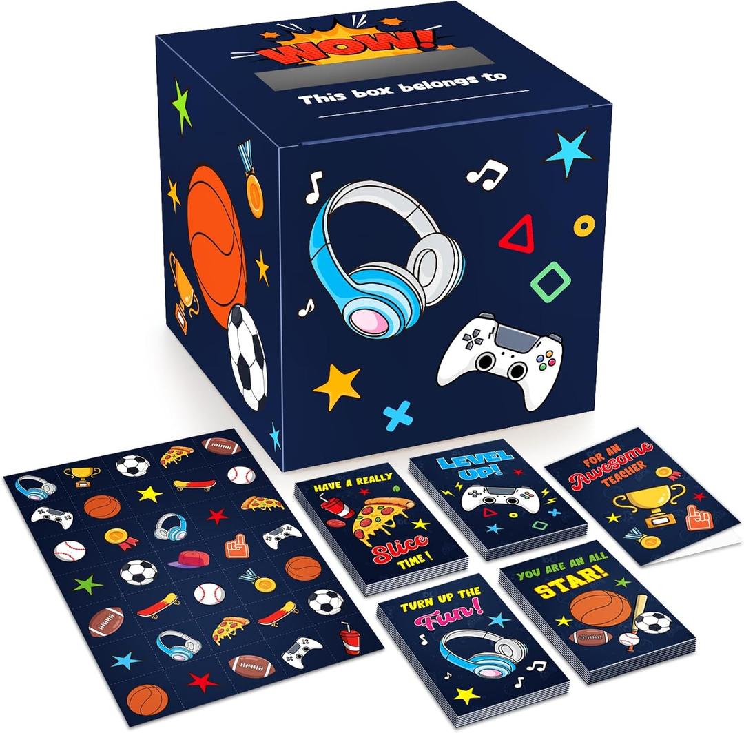 Gloween Valentines Day Boxes and Cards for Kids Classroom School Exchange, Great Valentines Gifts Party Favors for Boys Girls - 1 Mailbox, 32 Valentine Cards, 1 Teacher Card, Stickers (Games & Sports)