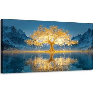 SLYCAY Large Golden Tree of Life Wall Art for Living Room, Nature Snow Mountain Lake Landscape Painting Pictures Wall Decor, House Decorations Bedroom Office Hallway Prints Artwork 24"X48"