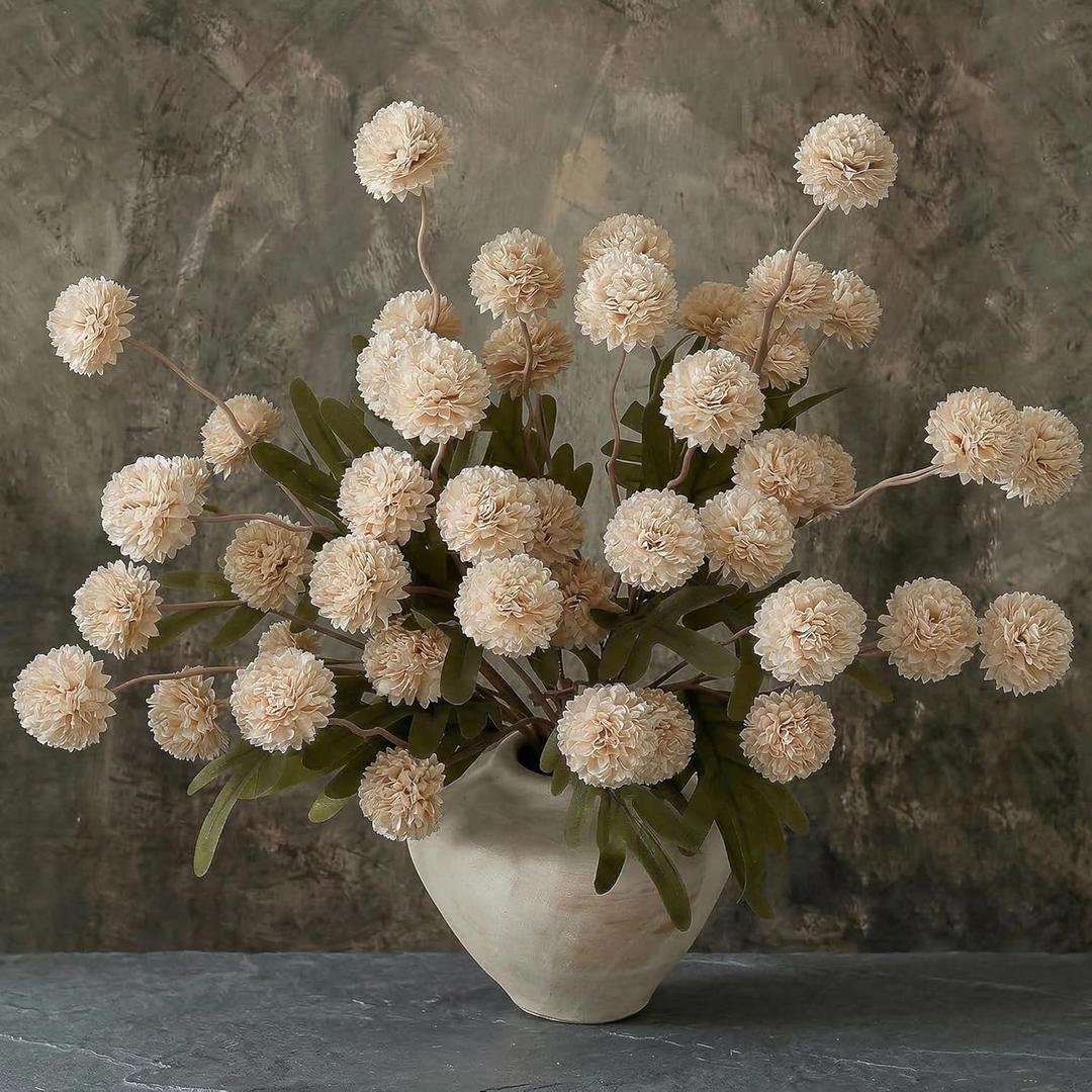 9pcs Beige Fake Flowers Silk Mini Mums with Stems, Faux Chrysanthemum Pompon Balls Artificial Flower Bulk for DIY Wedding Centerpieces, Vase Fillers, Table Floral Arrangements & Home Decor
