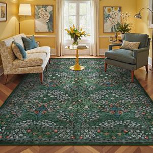 Lahome Floral 9x12 Area Rugs for Living Room Bedroom, Soft Washable Rugs 9x12 Stain Resistant, Ultra-Thin Non-Slip Boho Dining Room Rug Non-Shedding Accent Carpet for Office, Dark Green