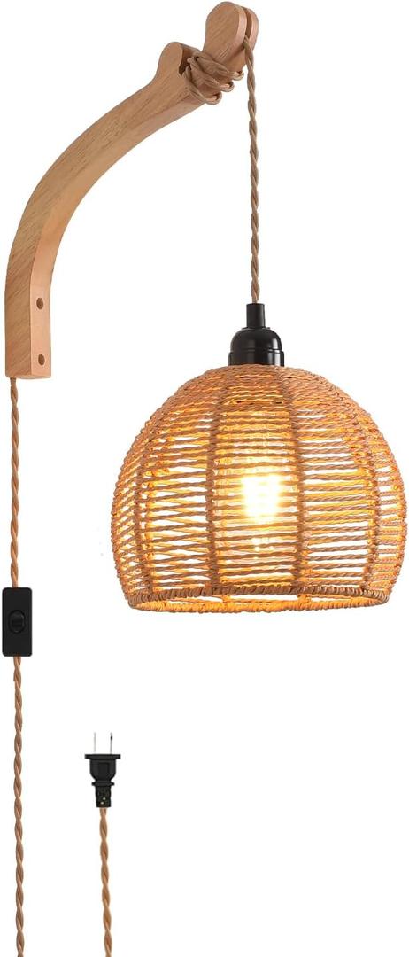 Plug in Wall Sconce,Farmhouse Wicker Wall Lamp Plug in,Hand Woven Rattan Wall Light Farmhouse Rustic Boho Sconces Wall Lighting for Living Room Bedroom (1 PACK, 7.87IN Rattan)
