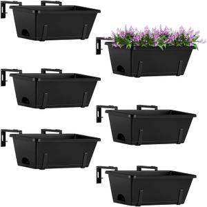 ETELI Railing Planter Hanging and Planter Box Brackets Set 6 Pack Adjustable Deck Window Boxes Planters with Drainage Holes for Garden Railing Fence, Black