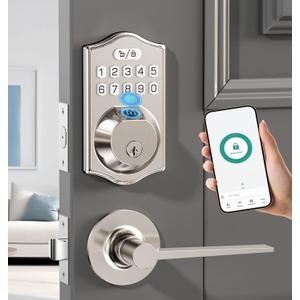 keyless Entry Door Lock deadbolt with Handle Set- Front Door Fingerprint Smart Locks with 2 Lever Handles-Keypad Code Deadbolt -App Control,Auto Lock,Easy to Install (Silver)