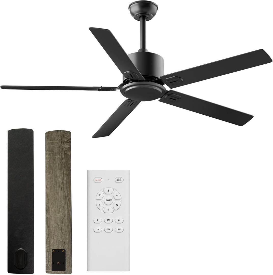 Obabala Ceiling Fans With Remote 42 Inch Black Ceiling Fan No Light 6 Speeds Reversible Timing Noiseless Modern Ceiling Fan Without Lights For Bedroom Kitchen Indoor Outdoor (Black), Small-42"