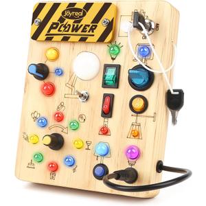 Joyreal Montessori Busy Board Wooden Sensory Toys for Toddler with LED Light Up Switch, Baby Fidget Board Travel Toys for 18+ Months, Boys Girls Birthday, Medium