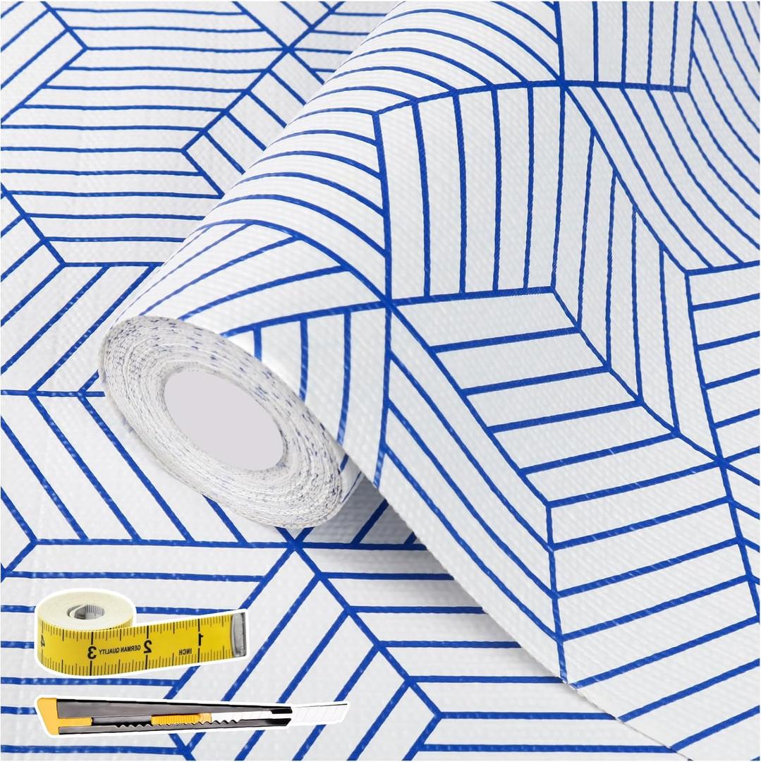 Shelf Liners for Kitchen Cabinets 12in x 20FT, Non Adhesive Cabinet Liner Strong Non-Slip White and Blue Geometric Drawer Liner, Easy to Clean for Shelf, Cabinet with Knife and Tape Measure