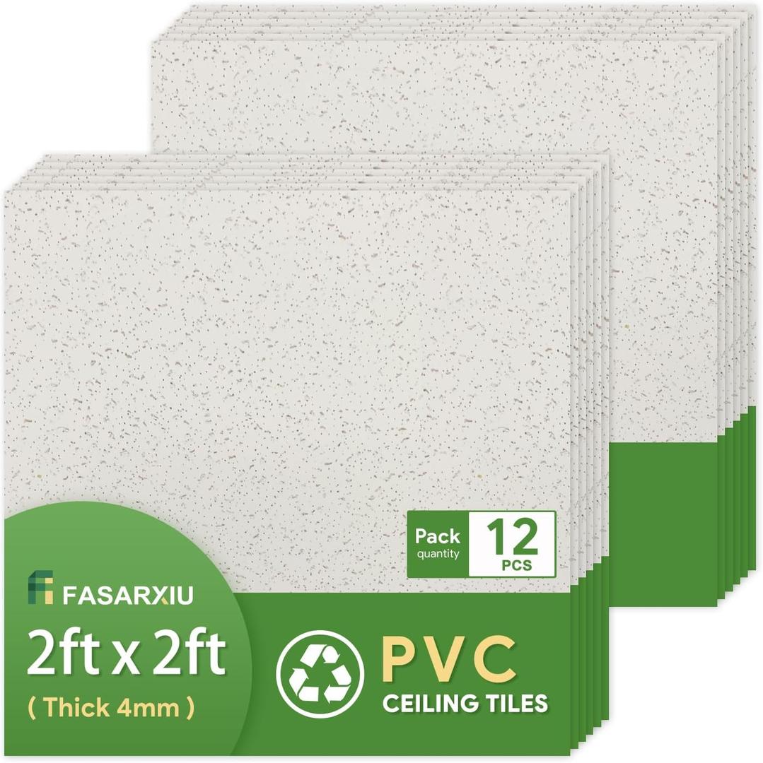2ft x 2ft Printed Pro Ceiling Tiles Waterproof, Washable and Fire-Rated - High-Grade PVC Ceiling Tiles 24"x24" - Easy Drop-in Installation - Case of 12 (48 sq. ft.) (2x2, White)