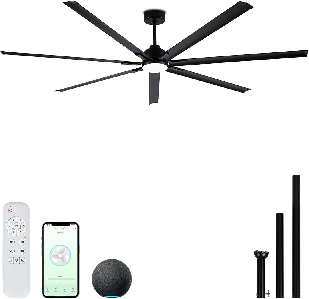 96" Industrial & Commercial HVLS 7 Black Aluminum Blades Ceiling Fan with Light,Compatible with Alexa,High CFM Brushless Motor,6-Speed,Indoor/Outdoor Ceiling Fan for Patio,Garage,Shop,Library