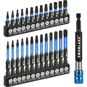 SWANLAKE Impact Torx Bit Set, 27-piece (TT7-TT40) 1''&2'' Security Tamper Proof Magnetic Screwdriver Bits, CNC Machined Tips, S2 Steel Long Torque Star Bits with 4'' Impact Bit Holder and Storage Box