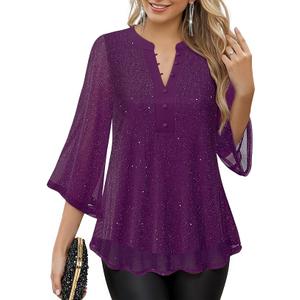 VALOLIA Womens Tops 3/4 Sleeve Sparkly Blouses Dressy Casual Elegant Flowy Double Layers Mesh Shirts, M