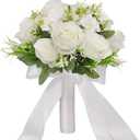 CYANLUX Wedding Bouquets for Bride Bridesmaid Bouquet Champagne White Artificial Roses Flowers for Wedding Valentine's Day Church Home Decoration (White)