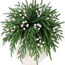 Set of 40 Artificial Norfolk Pine Branches with White Berry 12.8" Christmas Greenery Picks Norfolk Pine Stems Fake Tree Needle Sprigs for Vase Filler DIY Craft Garland Home Decorations (Green White)