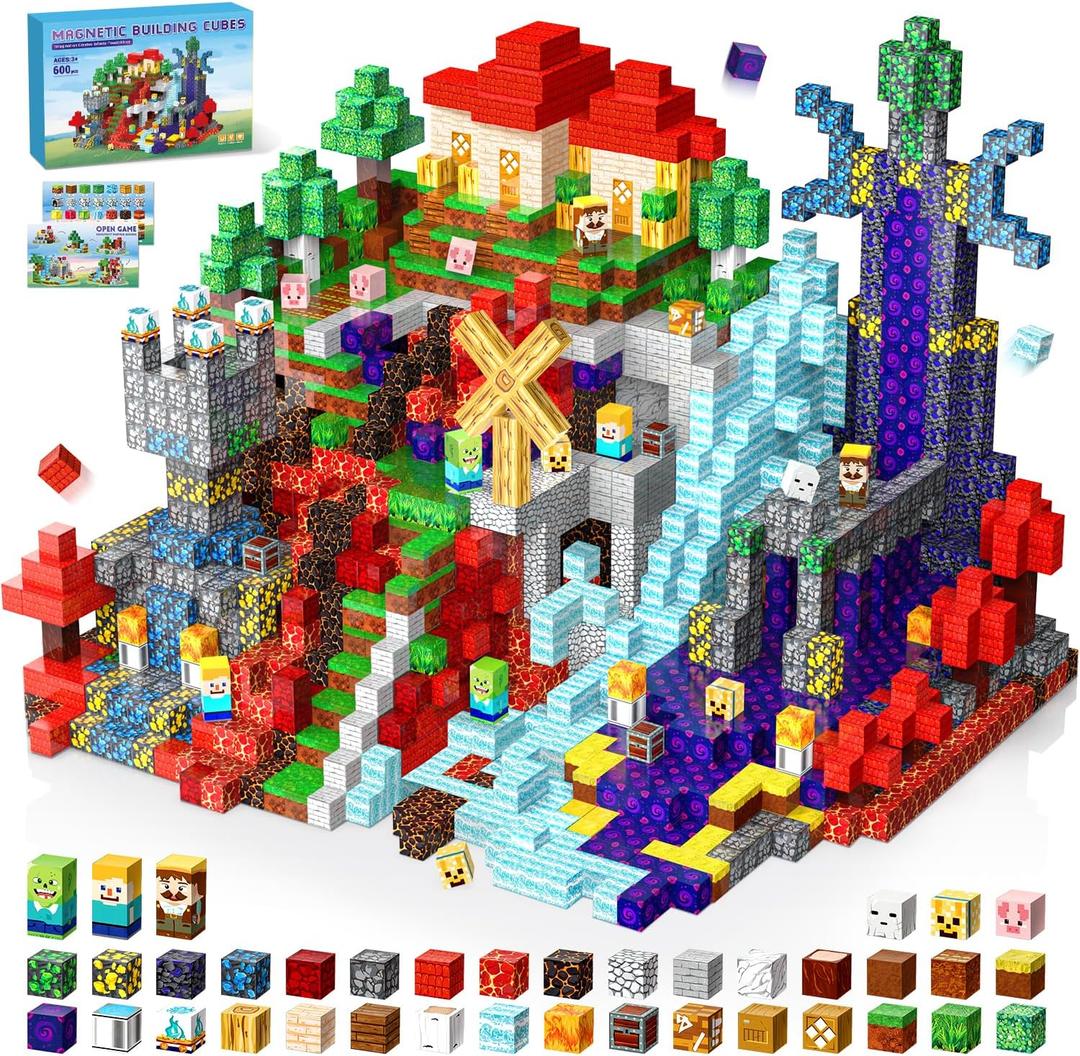 600PCS Magnetic Building Blocks Set, Magnetic Tiles Kids Build Cubes STEM Game Toys, Stacking Building Toys for 3-5 4-6 5-7 6-8 Year Old Boys Girls, Christmas Easter Birthday Gifts for Kids Toddlers