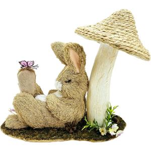 naturevibe 8.9 Inches Sisal Bunny Easter Decor,Natural Easter Bunny Resting Under Mushroom for Centerpieces for Tables,Decorative Farm Animals Bunny Figurine as Spring Decorations for Home