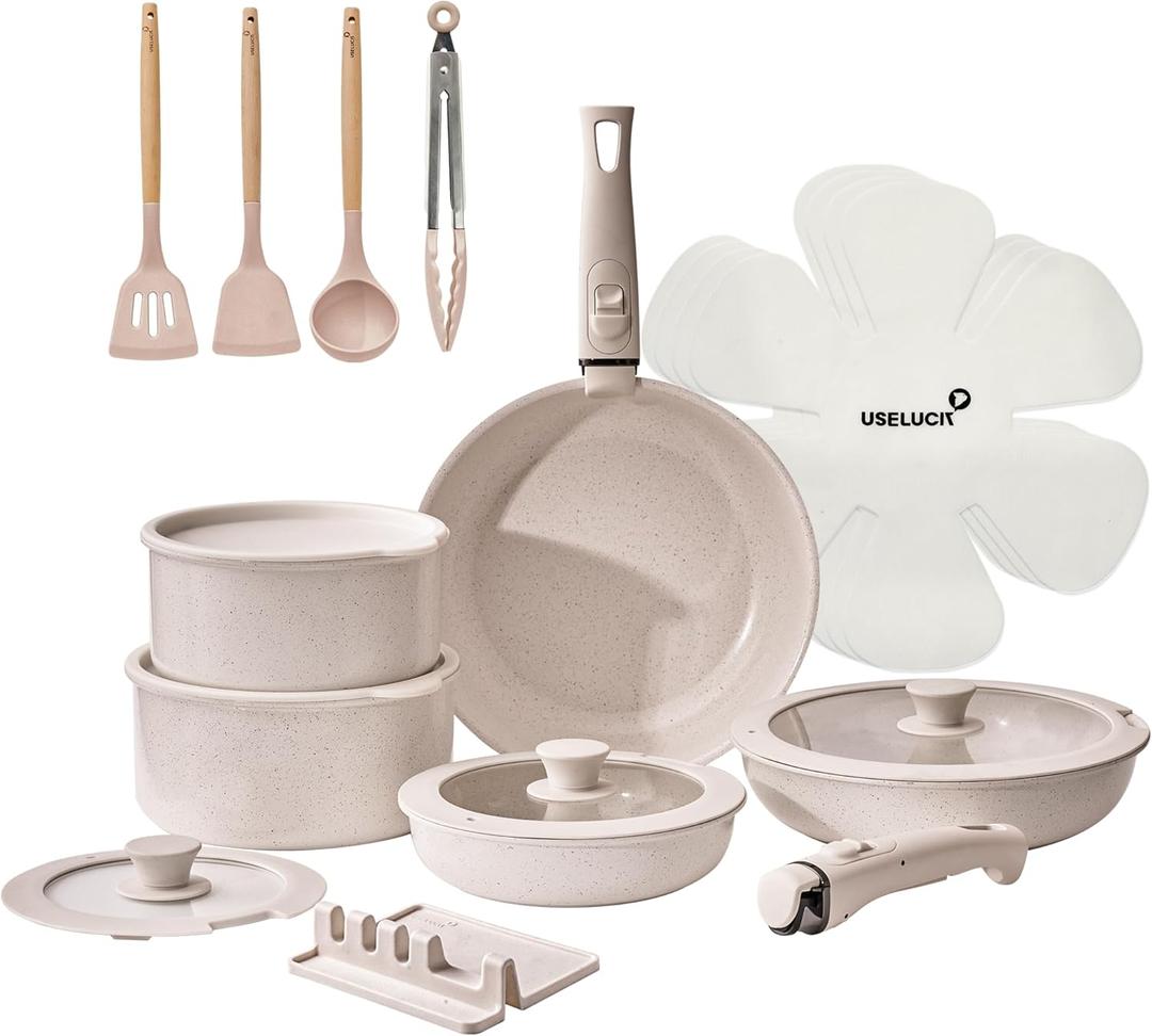 21 Pcs Ceramic kitchen Cookware Set,Nonstick Pots and Pans with Removable Handles Stackable Camping Cookware Dishwasher&Oven Safe Frying Pan,Taupe (21 Piece)