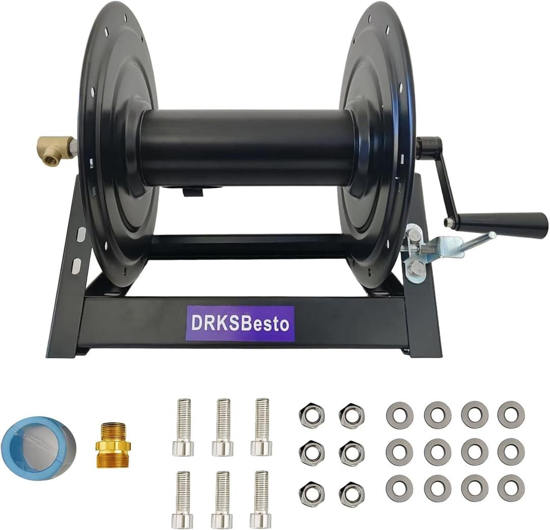 DRKSBesto Pressure Washer Hose Reel 3/8" x 350FT, Hand Crank Power Washer Hose Reel with M22 Fitting, 5000 PSI Heavy Duty Hose Reel for Water, High Pressure Washer Reel with Trailer/Wall/Van Mount