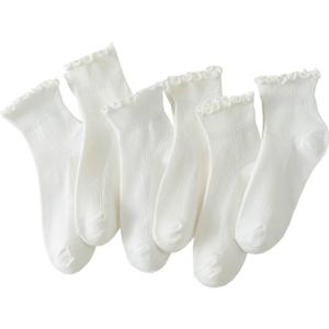 Hstyle 6 Pairs of Ruffle Socks Women, Cute Ruffle Ankle Socks (5-9, White)