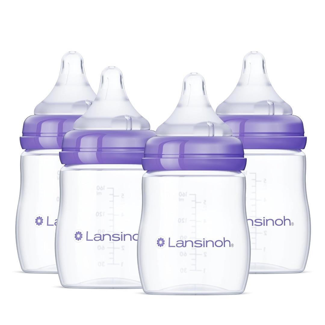 4 x Lansinoh Anti-Colic Baby Bottles, BPA-Free Plastic, 5 Ounces, 4 Count, Slow Flow Nipples (Size S), Breastfeeding Bottle with NaturalWave Design