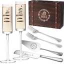 Physkoa Engagement Gifts for Couples-Mr and Mrs Champagne Glasses with Keepsake Box,Cake Knife and Server-Perfect Wedding, Engagement, or Bridal Shower Gift for Couples