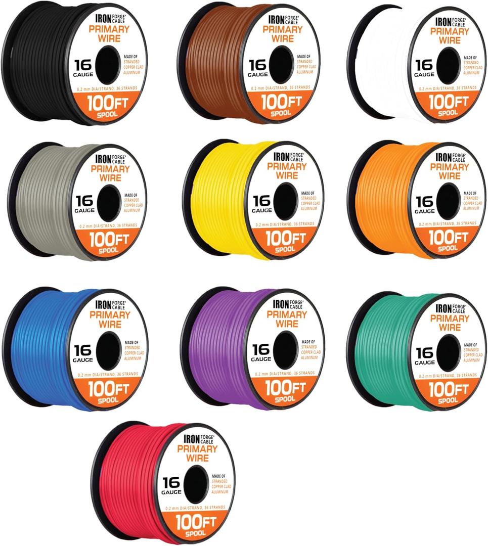 Iron Forge Cable 16 Gauge Primary Automotive Wire Assortment - 10 Roll Assortment Pack - 100 Ft of Copper Clad Aluminum Wire per Roll, Stranded Cable