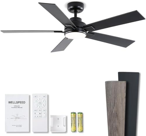 Modern Ceiling Fans with Lights - 52 inch Black Outdoor Ceiling Fan with Light and Remote, Reversible DC Motor, 6-Speed Quiet 3CCT LED Dimmable for Bedroom, Indoor and Outdoor, Patios, ETL Listed