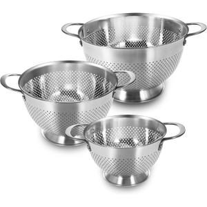 Stainless Steel Colander Set of 3 (1.5-3-5Quart) | Durable Rice and Pasta Strainer with Handle | Oversized Handles | Nesting Design | Rust-Resistant & Dishwasher Safe